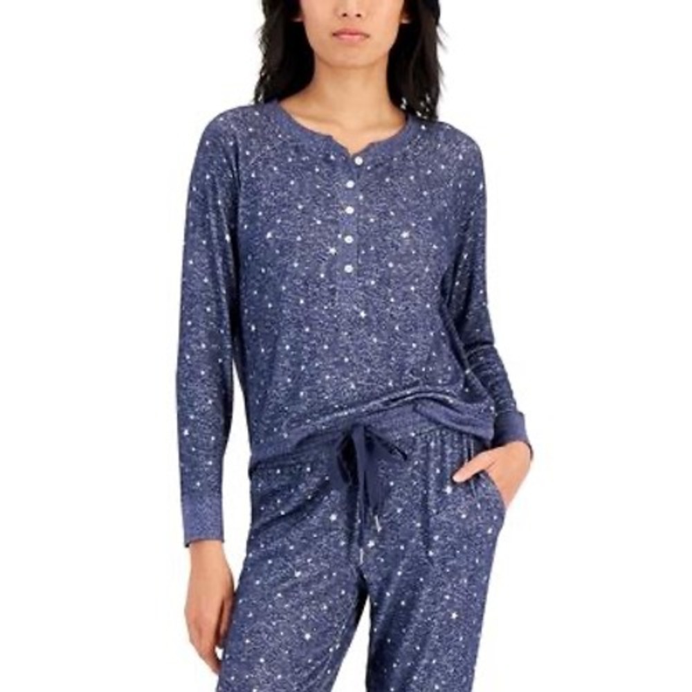 Alfani Women's Hacci Knit Henley L/S Pajama Top - Blue Star - Medium